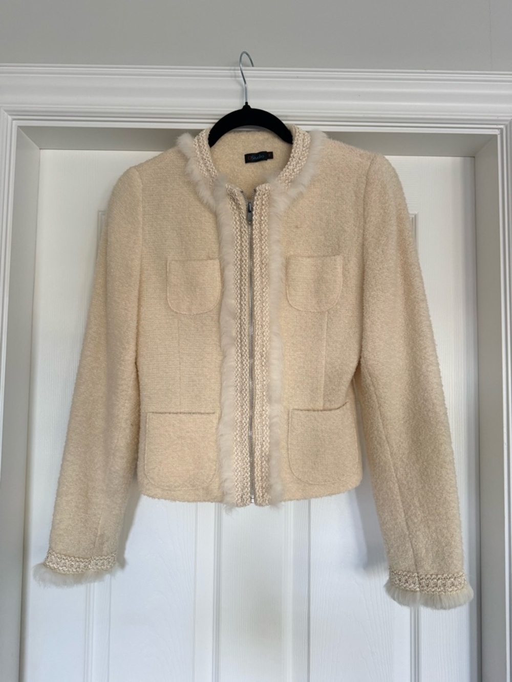 Cream Bouclé Zip-Front Jacket with Fur-Trim